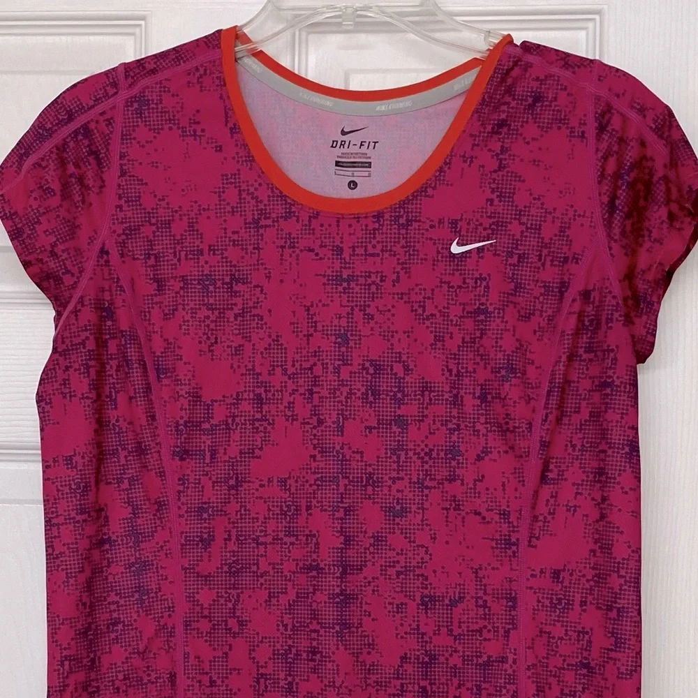 Nike Dri Fit Pink Print Mesh Back Short Sleeve Activewear Top Sz L